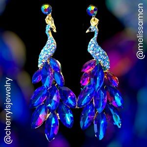 Blue Purple Iridescent Austrian Crystal Peacock Earrings SEE SPARKLE VIDEO